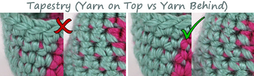 colour changing experiment by PlanetJune - comparison of tapestry crochet with the yarn held on top or behind the stitches