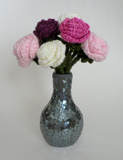 vase of crocheted roses