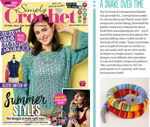 Simply Crochet magazine issue 136: cover and article about PlanetJune Temperature Snake CAL