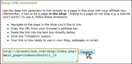 PlanetJune Affiliate program - add a link to a specific page in the shop
