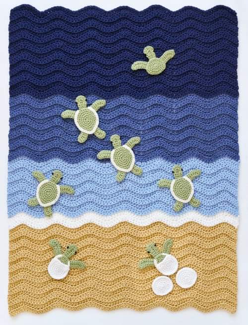 Turtle Beach blanket with Baby Sea Turtle Appliques - crochet patterns by PlanetJune