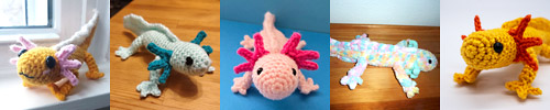 axolotls made from the crochet pattern by planetjune