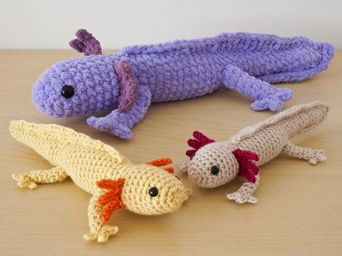 Double Size Amigurumi Axolotl and regular size Axolotls (from Axolotl crochet pattern by PlanetJune)