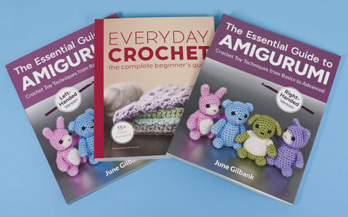 a fanned-out pile of crochet books by June Gilbank, Everyday Crochet and The Essential Guide to Amigurumi