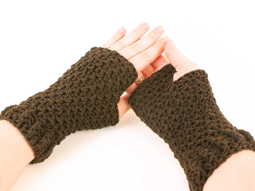 brown wristwarmers from Front-and-Back Fingerless Mitts pattern by June Gilbank