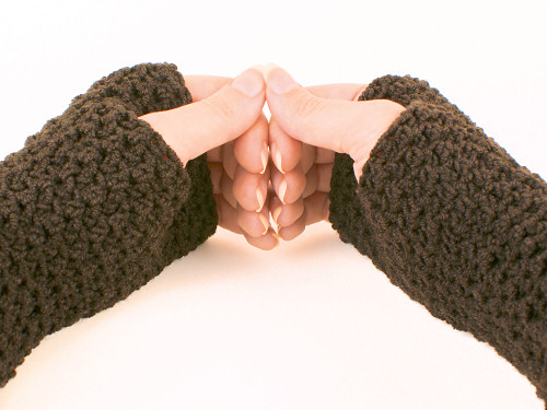 brown wristwarmers from Front-and-Back Fingerless Mitts pattern by June Gilbank