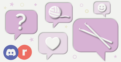 pink cartoon speech bubbles containing icons of crochet hooks, yarn, heart, question mark and smiley face inside