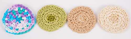 comparing cotton yarns for crocheted cosmetic rounds