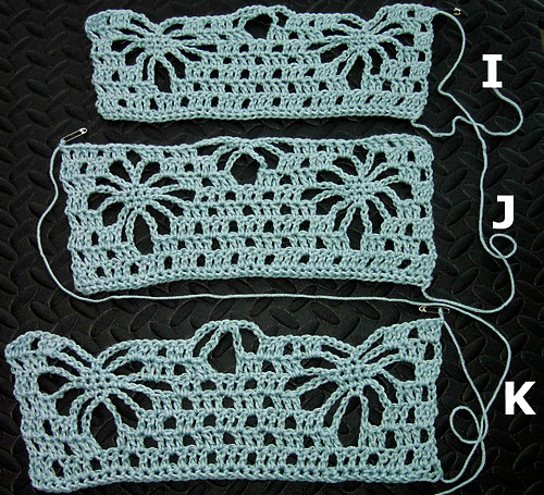 shawl comparison: Diamond Flowers Scarf Wrap crochet pattern by PlanetJune swatches using different hook sizes