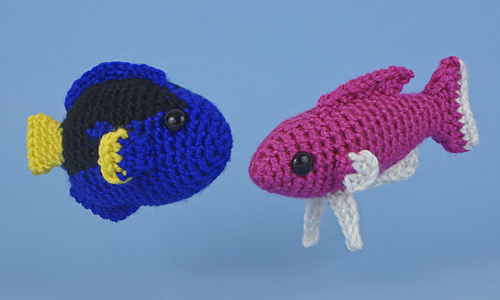 Aquaami Tropical Fish crochet patterns by PlanetJune. Set 2: Royal Blue Tang and Amethyst Anthias