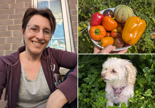 collage: June Gilbank in her garden with homegrown veggies and her dog Maggie