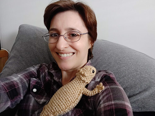 June with an amigurumi crocheted bearded dragon