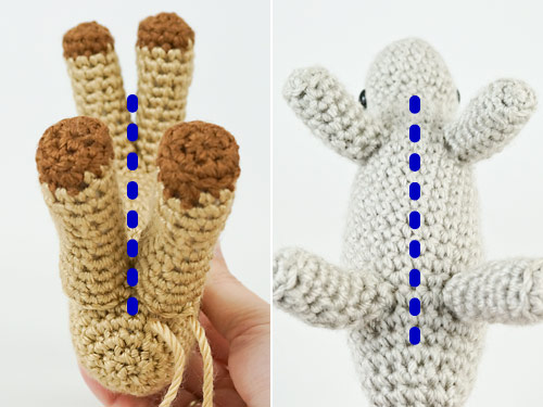 attaching legs evenly on a standing amigurumi animal