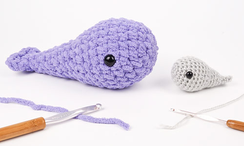 standard sized whale and mini giant whale, using the Tiny Whale crochet pattern by PlanetJune