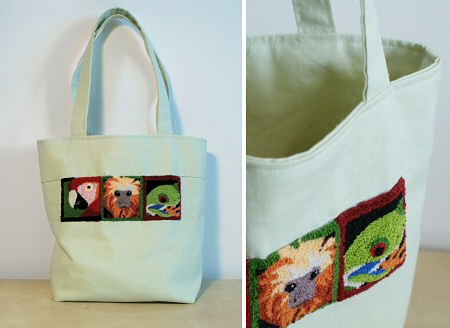 tote bag with jungle animal punchneedle designs by planetjune