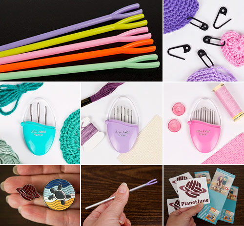 PlanetJune Crochet Tools: detail stuffing tools & handles, stitch markers, needles, enamel pins, stickers