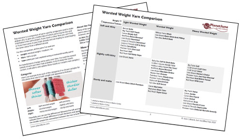 Worsted Weight Yarn Comparison - a free 2 page PDF file by PlanetJune