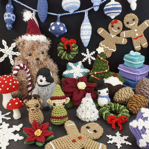 a selection of Christmas-themed PlanetJune crochet patterns