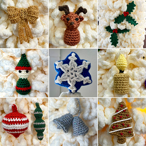 Susanna's crocheted Christmas tree ornaments, all made from PlanetJune patterns