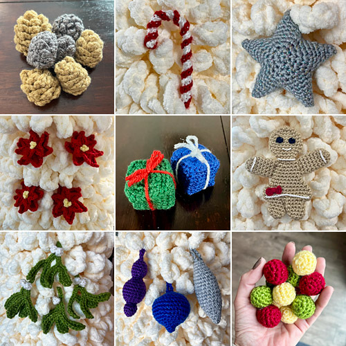 Susanna's crocheted Christmas tree ornaments, all made from PlanetJune patterns