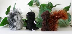 (image for) Mini Fuzzies Woodland Creatures: three amigurumi crochet patterns: Squirrel, Hedgehog, Mole