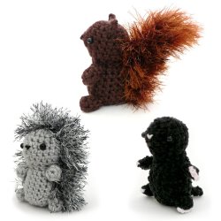 (image for) Mini Fuzzies Woodland Creatures: three amigurumi crochet patterns: Squirrel, Hedgehog, Mole