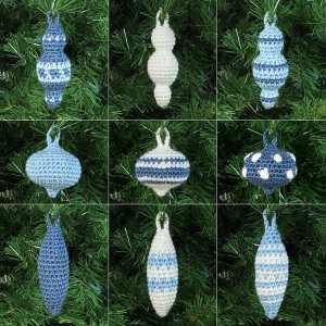 (image for) Christmas Baubles crochet pattern: 9 ornament designs