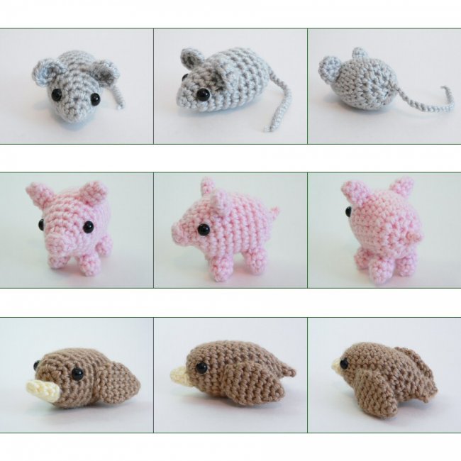 (image for) PocketAmi Set 1: Mouse Pig Bird amigurumi crochet patterns - Click Image to Close