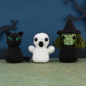 (image for) PocketAmi Set 3: Halloween - three amigurumi crochet patterns: Black Cat, Ghost, Witch