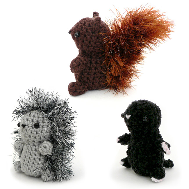 (image for) Mini Fuzzies Woodland Creatures: three amigurumi crochet patterns: Squirrel, Hedgehog, Mole - Click Image to Close