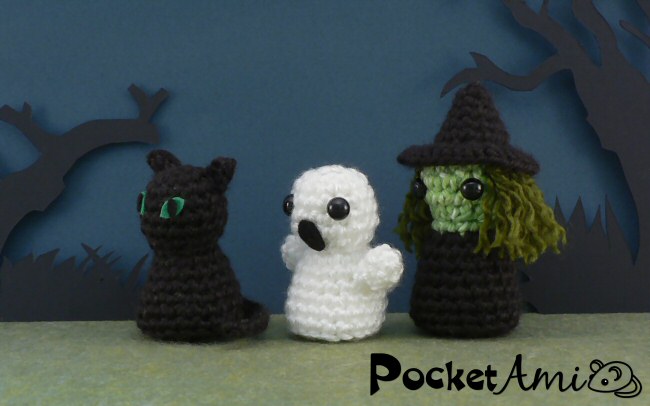 (image for) PocketAmi Set 3: Halloween - three amigurumi crochet patterns: Black Cat, Ghost, Witch - Click Image to Close