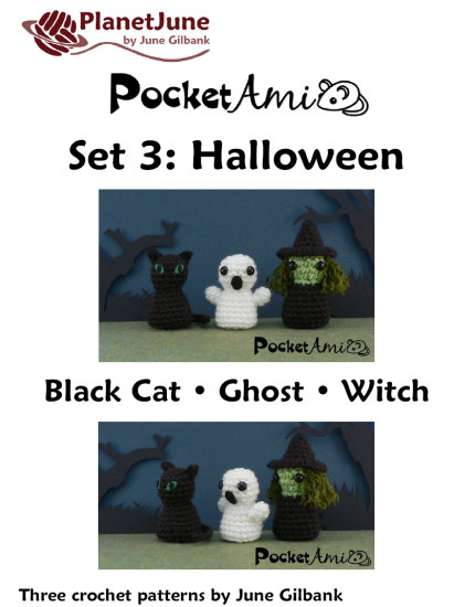 PocketAmi Set 3: Halloween - three amigurumi crochet patterns: Black Cat, Ghost, Witch - Click Image to Close