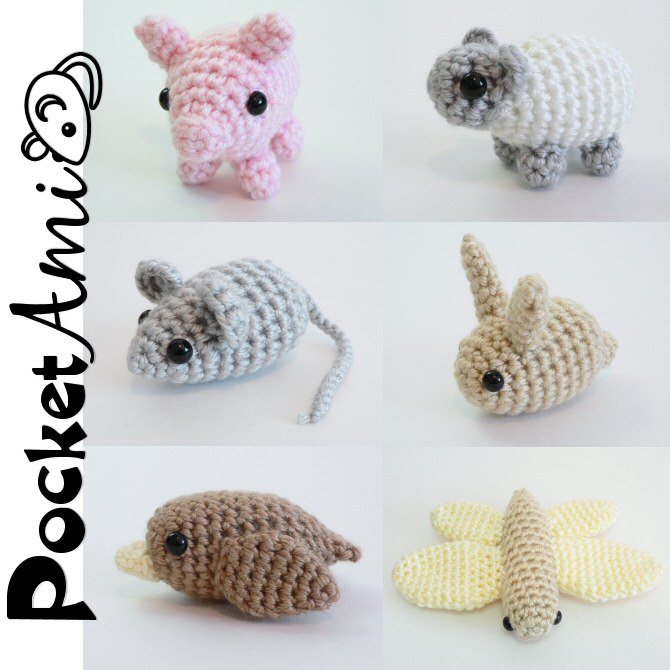 (image for) PocketAmi Sets 1 & 2 - SIX amigurumi crochet patterns: Mouse Pig Bird Bunny Sheep Dragonfly - Click Image to Close