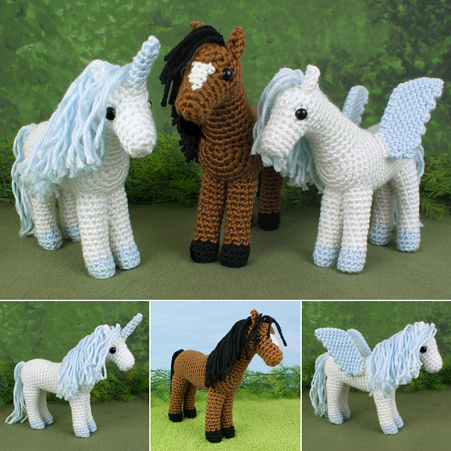 (image for) Horse, Unicorn and Pegasus - THREE amigurumi crochet patterns - Click Image to Close