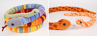 PlanetJune Baby Snake crochet pattern - size comparison with the larger Temperature Snake and Snake Collection snakes
